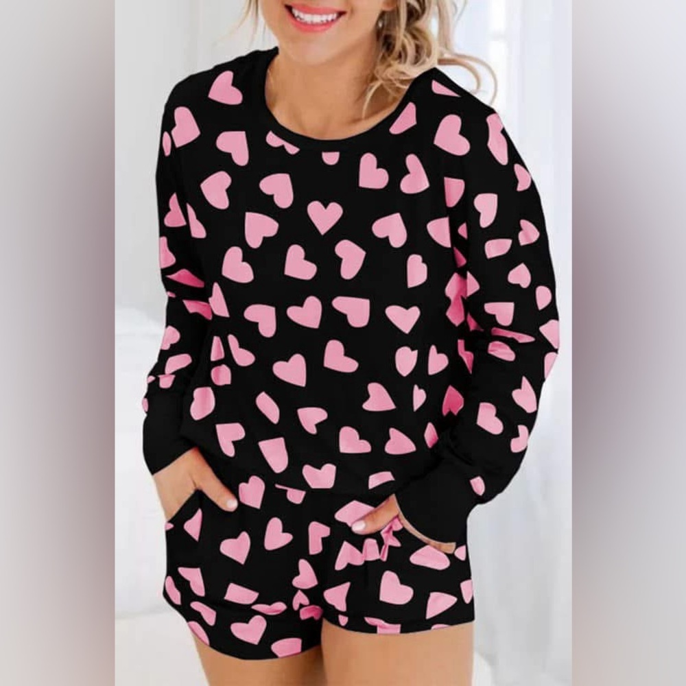 Heart Pattern Women’s Pajamas -  Pink/Black Heart Loungewear Se